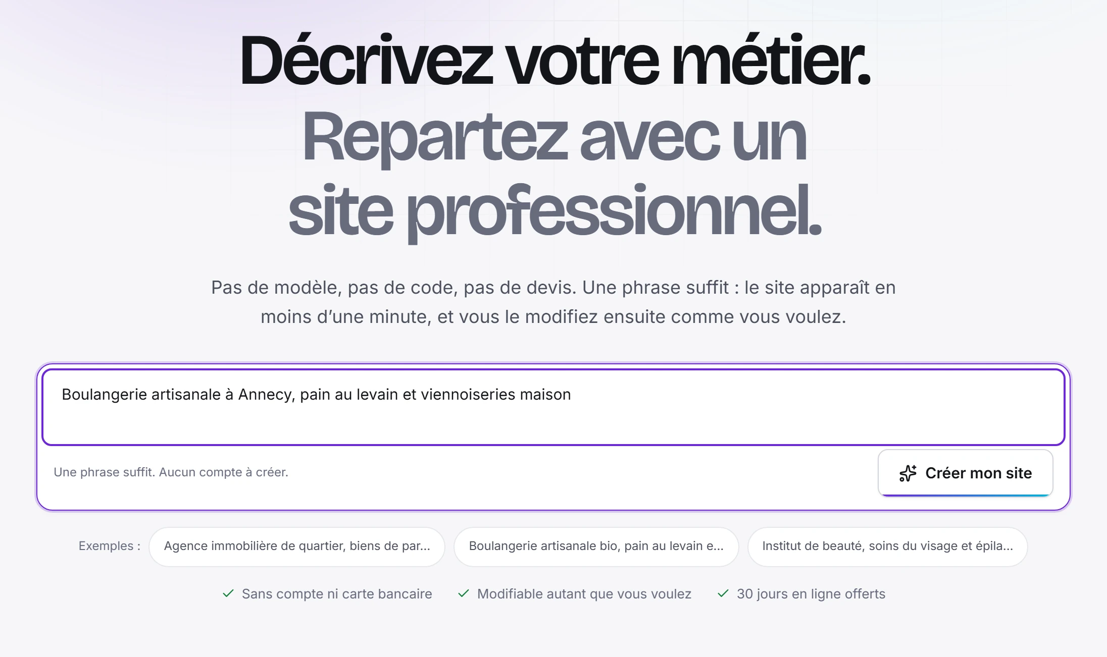 Le champ de description de l’activité sur la page d’accueil de Simplisite