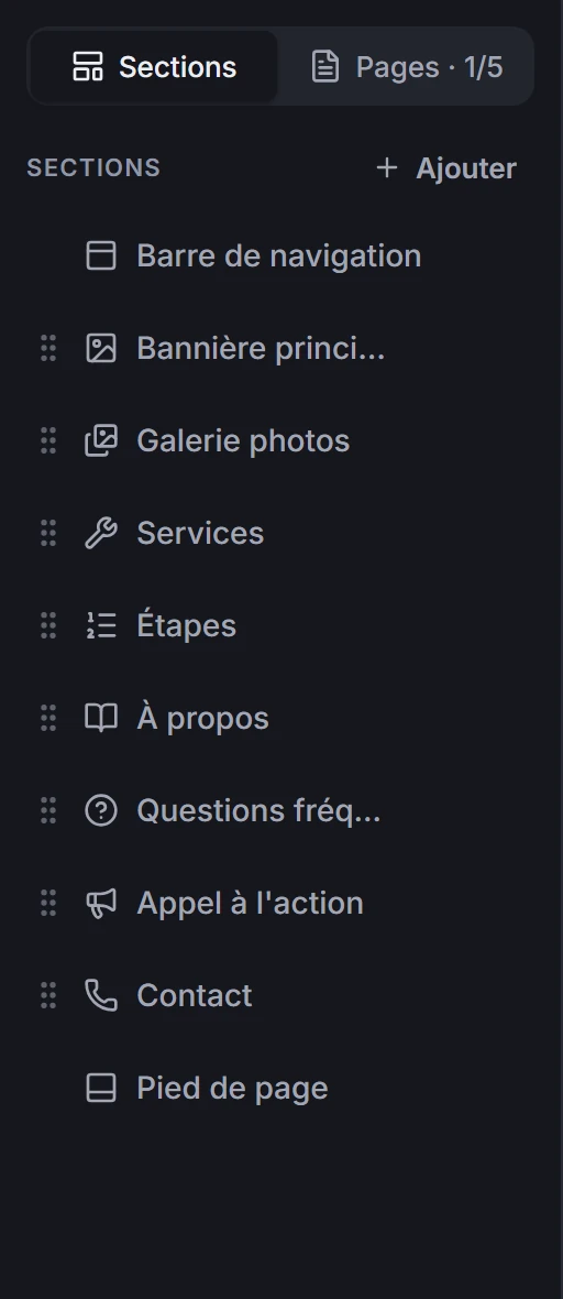Le panneau des sections dans l’éditeur Simplisite