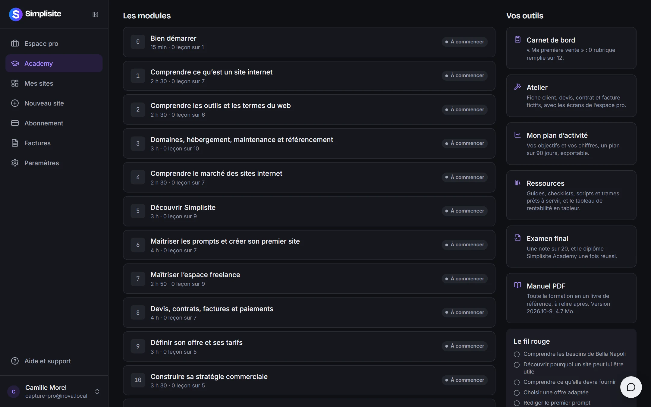 La liste des modules de l’Academy, du site internet aux premiers clients, avec la durée et le nombre de leçons de chacun