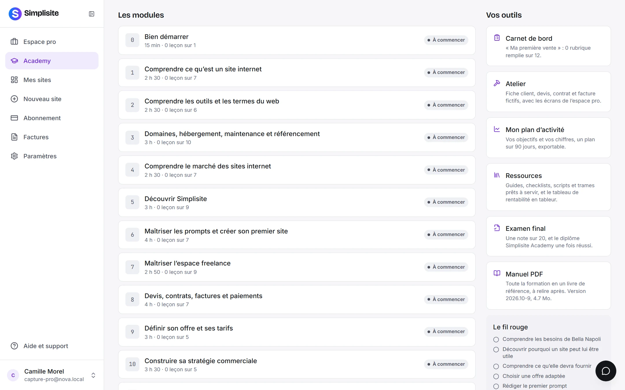 La liste des modules de l’Academy, du site internet aux premiers clients, avec la durée et le nombre de leçons de chacun
